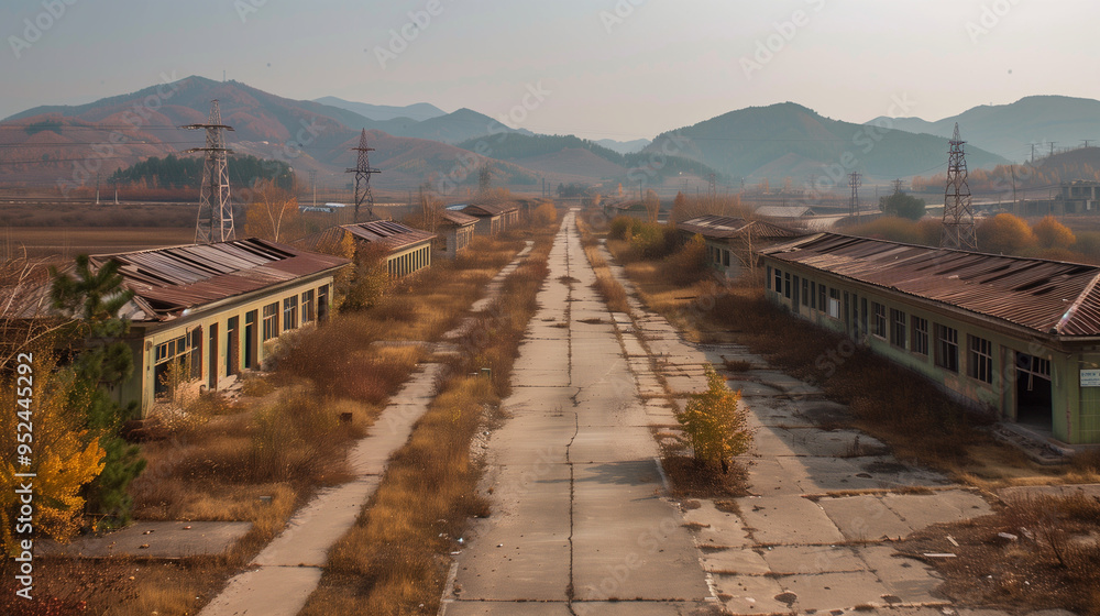 Fototapeta premium A desolate, abandoned village with dilapidated buildings flanking an empty concrete road, surrounded by barren hills and power lines under a hazy sky.