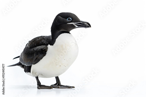 a black and white bird standing on a white surface photo