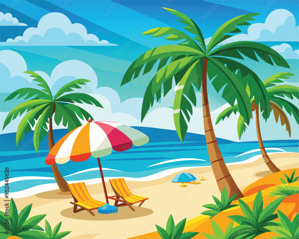 Fototapeta premium Vector Illustration of a Tropical Beach with Palm Trees