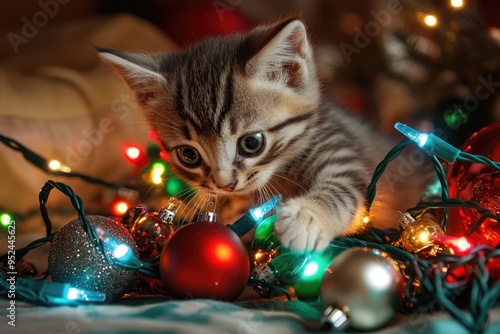 Cute kitten playing with Christmas ornaments and tangled in lights photo