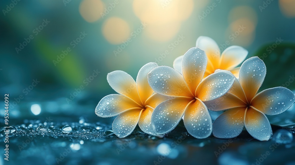 Beautiful plumeria flowers with droplets on a serene background. Beautiful plumeria flowers with droplets on a serene background.