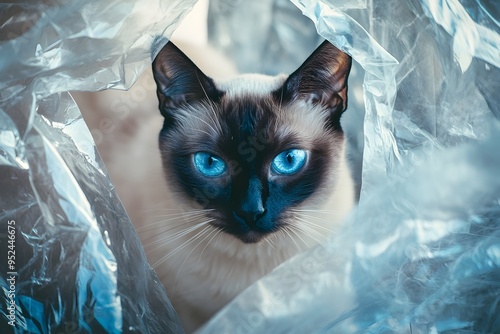 Siamese Cat s Captivating Gaze Reflecting in Rippling Mirror Generating Surreal Photographic Portrait photo