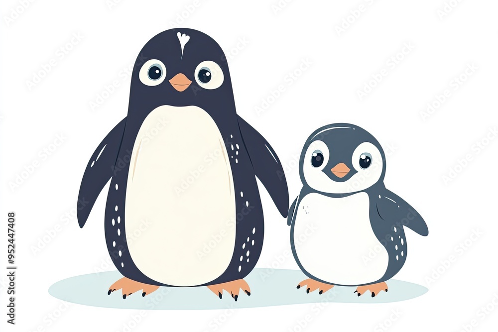 Naklejka premium Cute cartoon penguin and chick characters polar animals, cartoon vector illustration for children