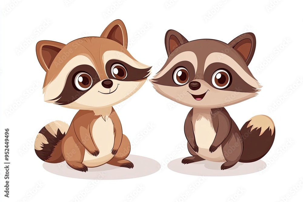 Cute cartoon raccoon and kit characters forest animals, cartoon vector illustration for children Cute cartoon raccoon and kit characters forest animals, cartoon vector illustration for children
