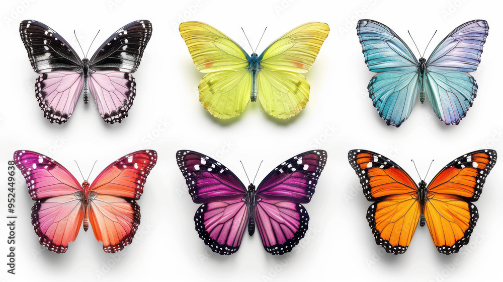 A collection of colorful butterflies are displayed in a row A collection of colorful butterflies are displayed in a row