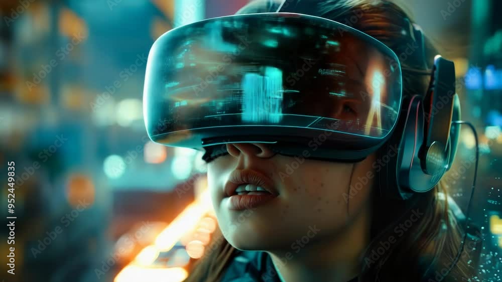 Woman in Futuristic VR Headset Immersed in Nighttime Sci-Fi Environment Exploring Virtual Reality Technology Concept with Dynamic Background Woman in Futuristic VR Headset Immersed in Nighttime Sci-Fi Environment Exploring Virtual Reality Technology Concept with Dynamic Background