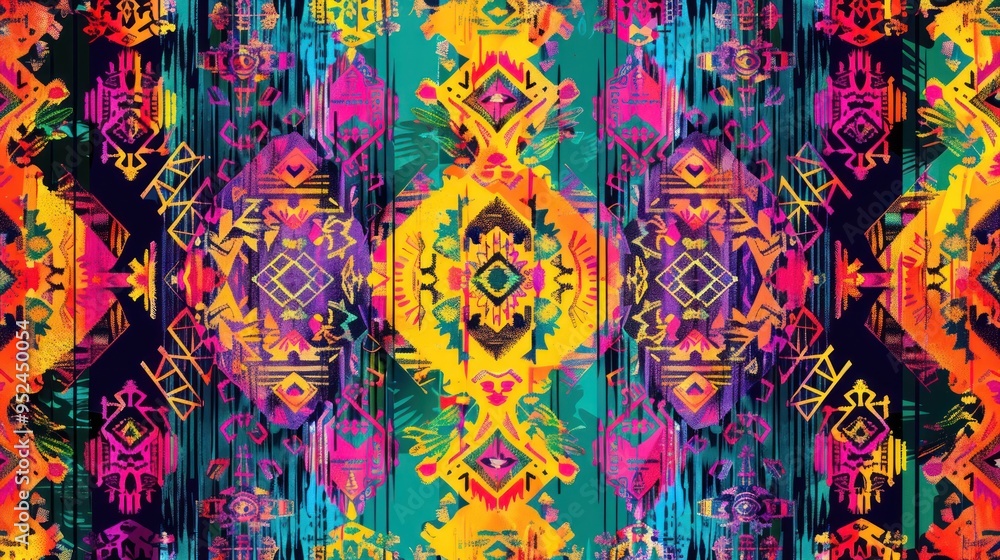A vibrant Thai ikat pattern with intricate geometric designs A vibrant Thai ikat pattern with intricate geometric designs