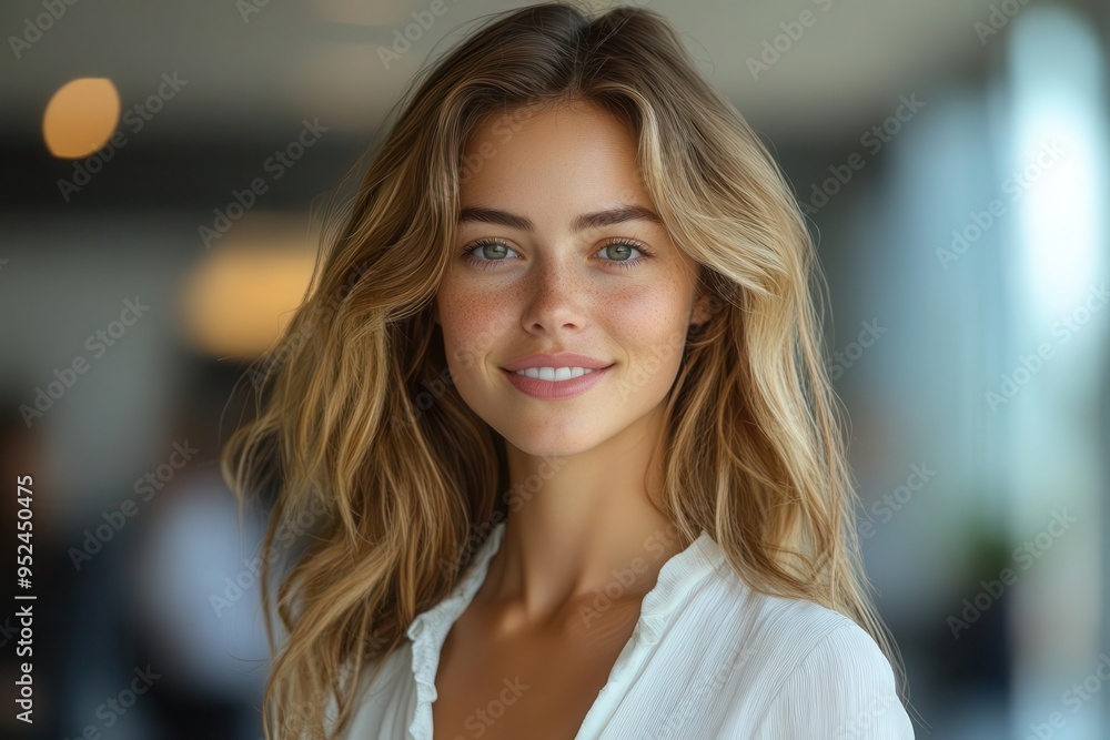 confident businesswoman with a warm genuine smile professional attire with crisp white blouse exuding competence and approachability in a corporate setting with soft flattering lighting confident businesswoman with a warm genuine smile professional attire with crisp white blouse exuding competence and approachability in a corporate setting with soft flattering lighting