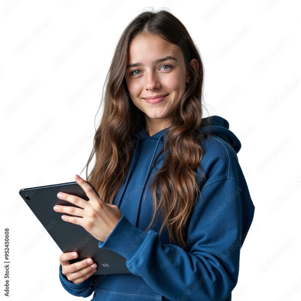 Young woman in a blue hoodie holding a tablet with a smile on a transparent background Young woman in a blue hoodie holding a tablet with a smile on a transparent background
