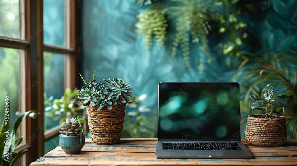 laptop on wooden desk with green wall background. laptop on wooden desk with green wall background.