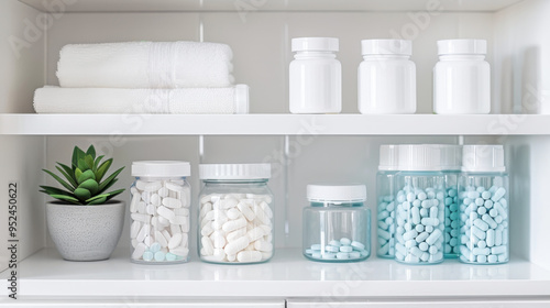 A shelf with a variety of medicine bottles and jars, including some blue pills