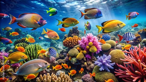 A colorful assortment of tropical fish swimming around a vibrant coral reef with a clear blue ocean in the background