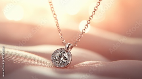 A diamond pendant necklace on a soft background, highlighting the gem brilliance and the elegance of the design