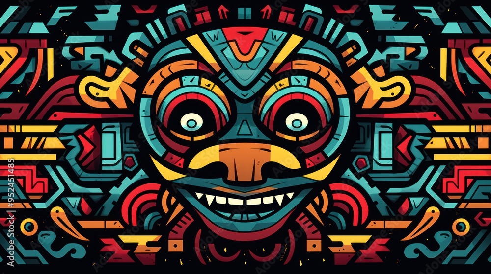An Aztec tribal pattern reimagined in a modern style, incorporating elements of street art, graffiti An Aztec tribal pattern reimagined in a modern style, incorporating elements of street art, graffiti