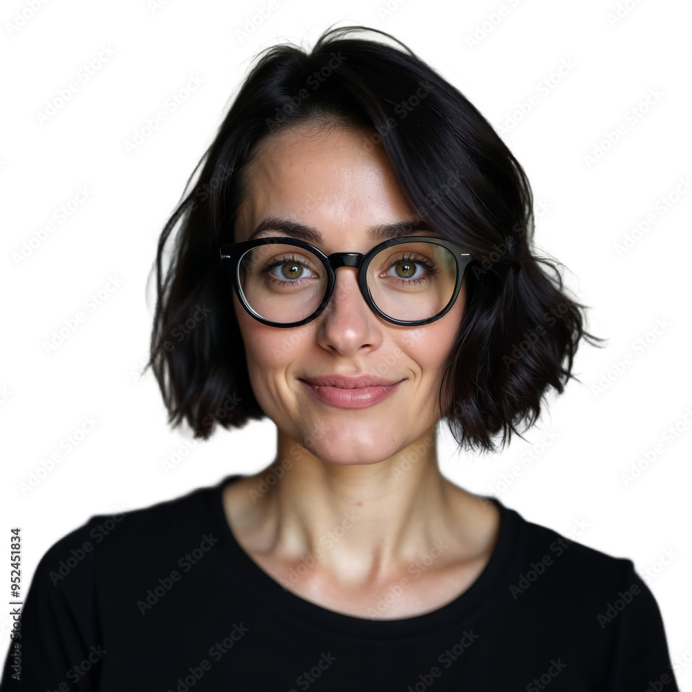 Woman with short black hair and glasses wearing a black top on a transparent background Woman with short black hair and glasses wearing a black top on a transparent background