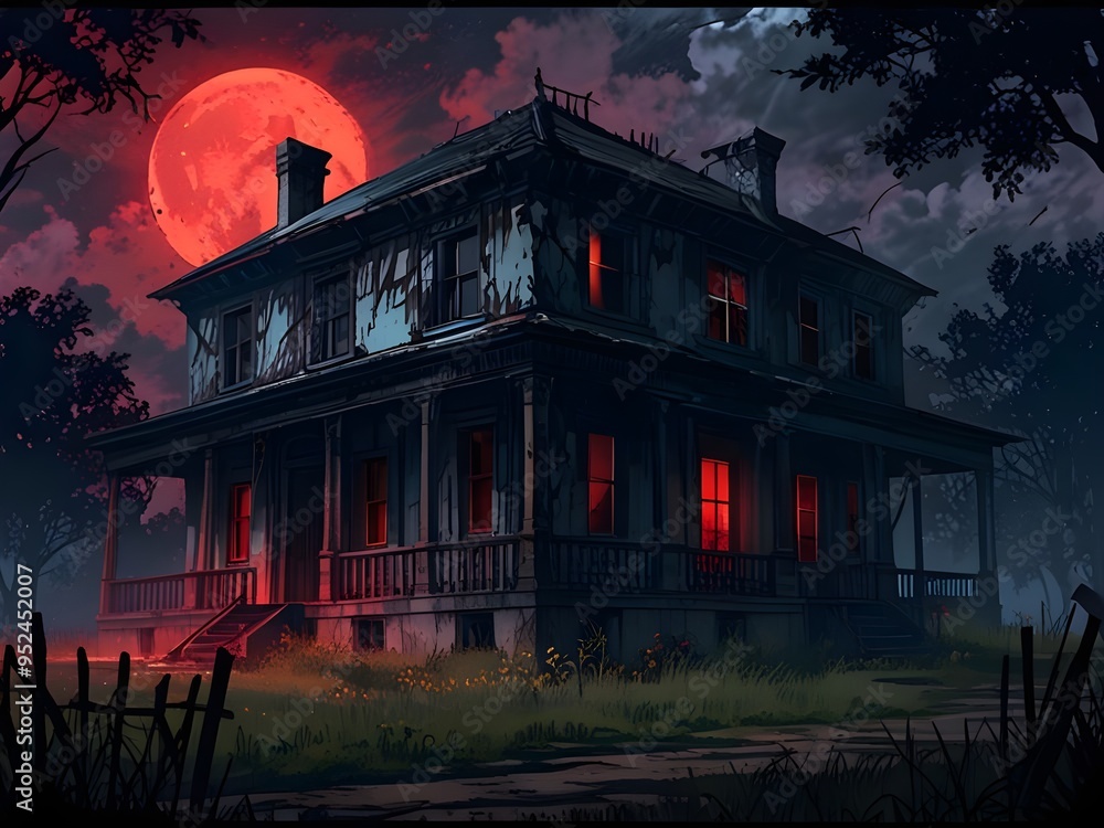 Abandoned house, exterior view, red moon casting eerie glow digital painting Abandoned house, exterior view, red moon casting eerie glow digital painting
