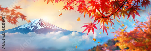 Travel Japan autumn season, Japanese red maple leaves with Fuji mountain, Japan panorama autumn scenic for web banner template.