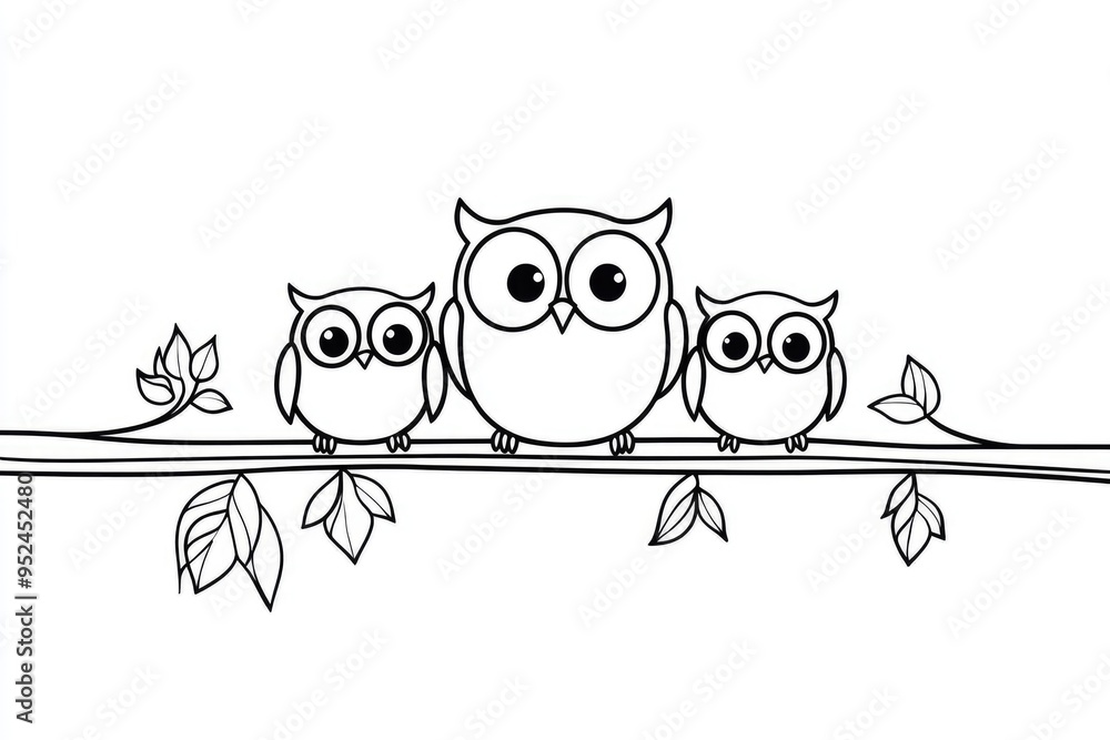 Fototapeta premium A charming owl family sits together on a branch, perfect for children's coloring activities, inviting creativity and imagination in a simple design