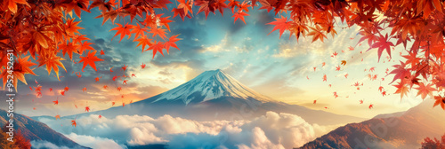 Travel Japan autumn season, Japanese red maple leaves with Fuji mountain, Japan panorama autumn scenic for web banner template.