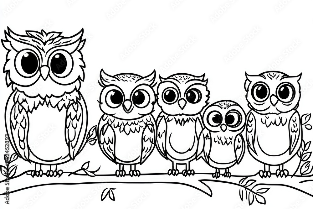 Fototapeta premium A delightful owl family coloring book page for kids featuring a whimsical design with charming outlines ready to be filled in, perfect for creative fun and relaxation
