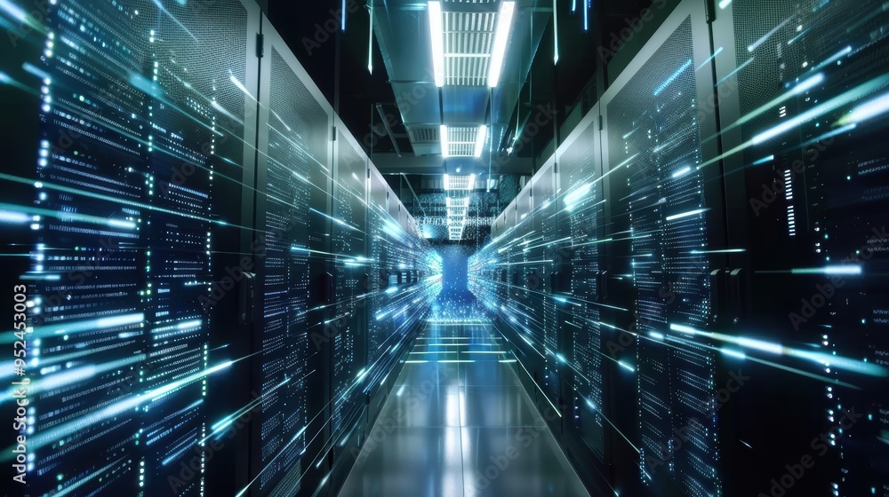 Supercomputer Interconnection Visualization Shot of Corridor in Working Data Center Full of Rack Servers and ...