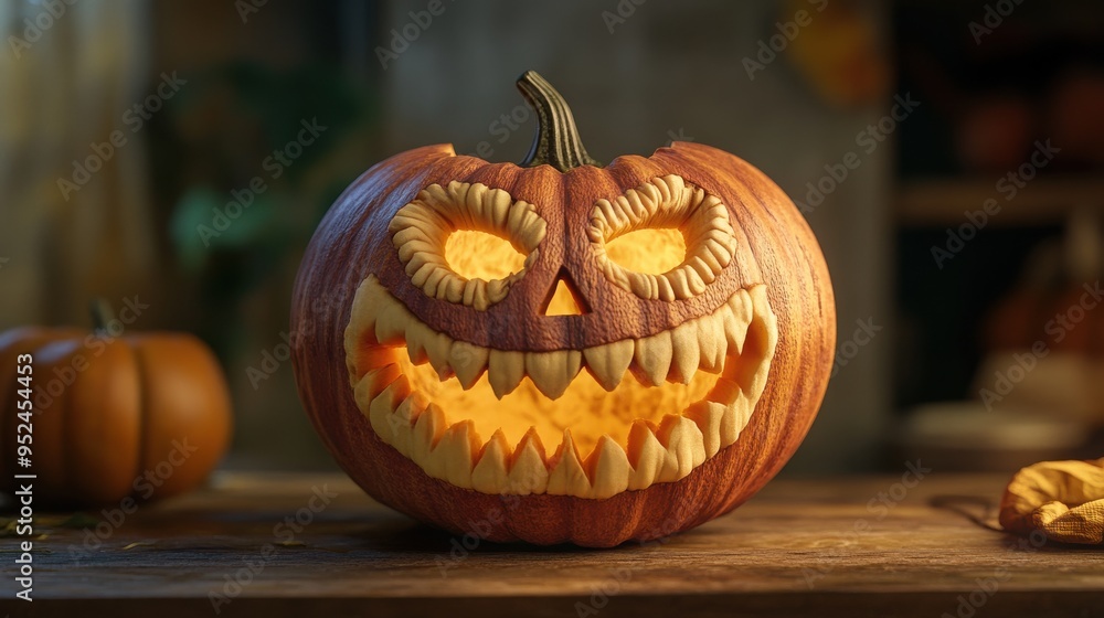 A carved pumpkin with a scary grin sits on a wooden table with a warm glow emanating from its carved eyes and teeth. A carved pumpkin with a scary grin sits on a wooden table with a warm glow emanating from its carved eyes and teeth.