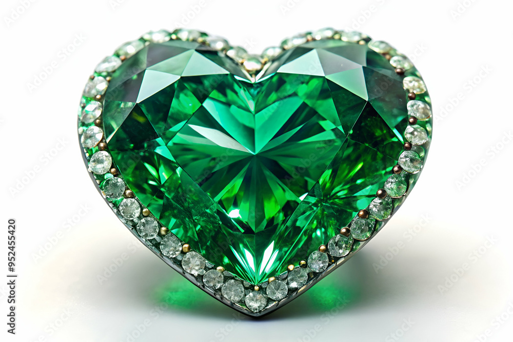 Fototapeta premium A large green diamond shaped like a heart. The diamond is surrounded by diamonds and has a shiny, sparkling appearance