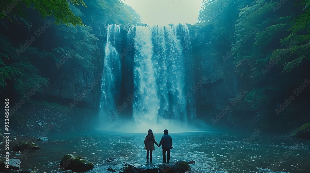 Fototapeta premium A dynamic scene of a couple standing at the base of a waterfall, the mist swirling as they hold hands, with the powerful cascade of water creating a sense of awe and wonder,