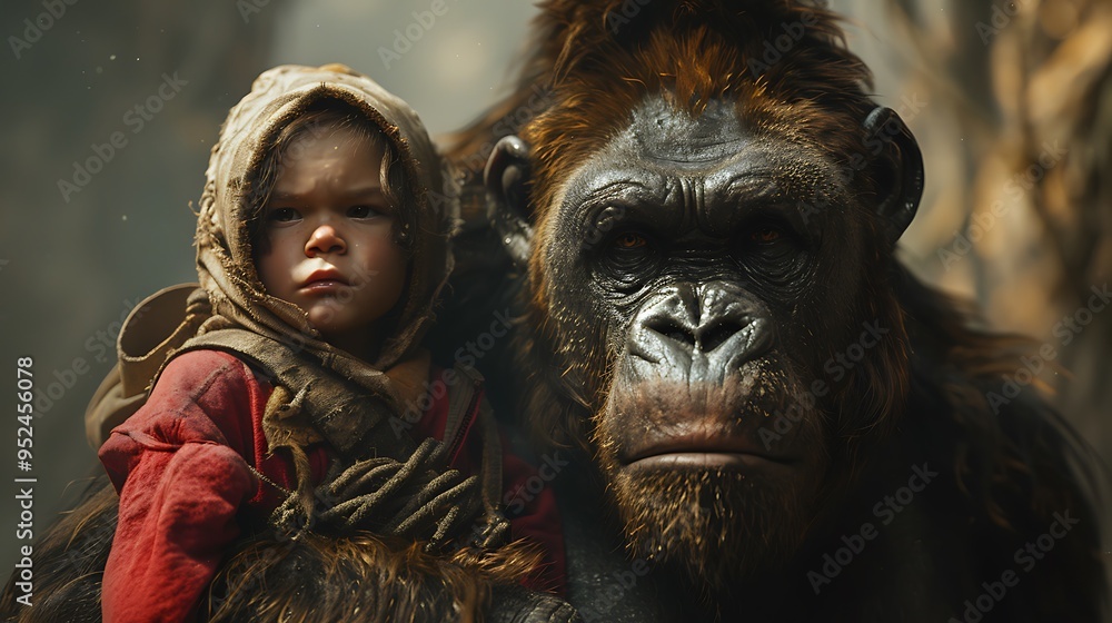 A young girl stands close to a large gorilla, both with serious expressions, suggesting a story of survival and connection in the wild. A young girl stands close to a large gorilla, both with serious expressions, suggesting a story of survival and connection in the wild.