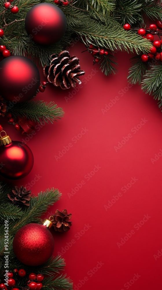 Christmas Decoration Red Ornaments Pine Cones Festive Background Christmas Decoration Red Ornaments Pine Cones Festive Background