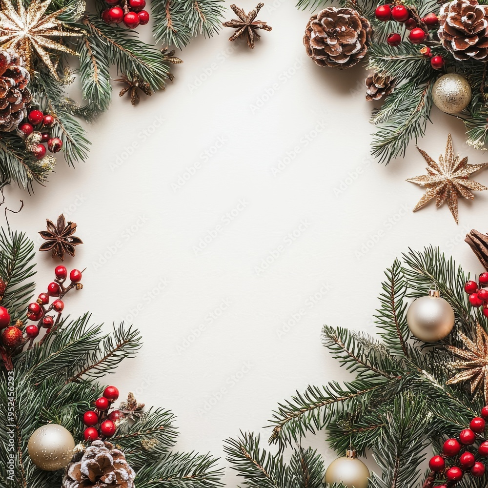 Christmas Festive Background with Pine Branches Ornaments and Pine Cones Christmas Festive Background with Pine Branches Ornaments and Pine Cones