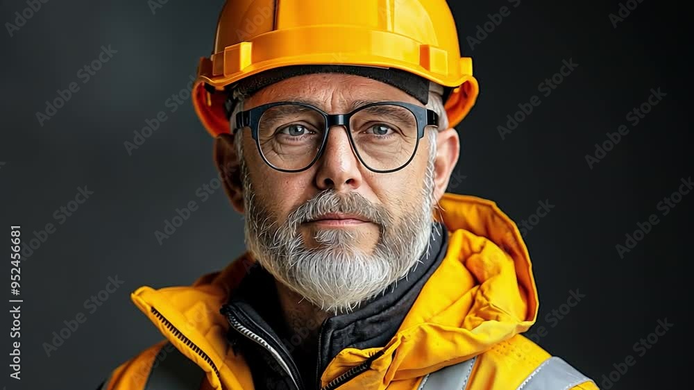 An adult man builder is pictured wearing a yellow hard hat and uniform. 