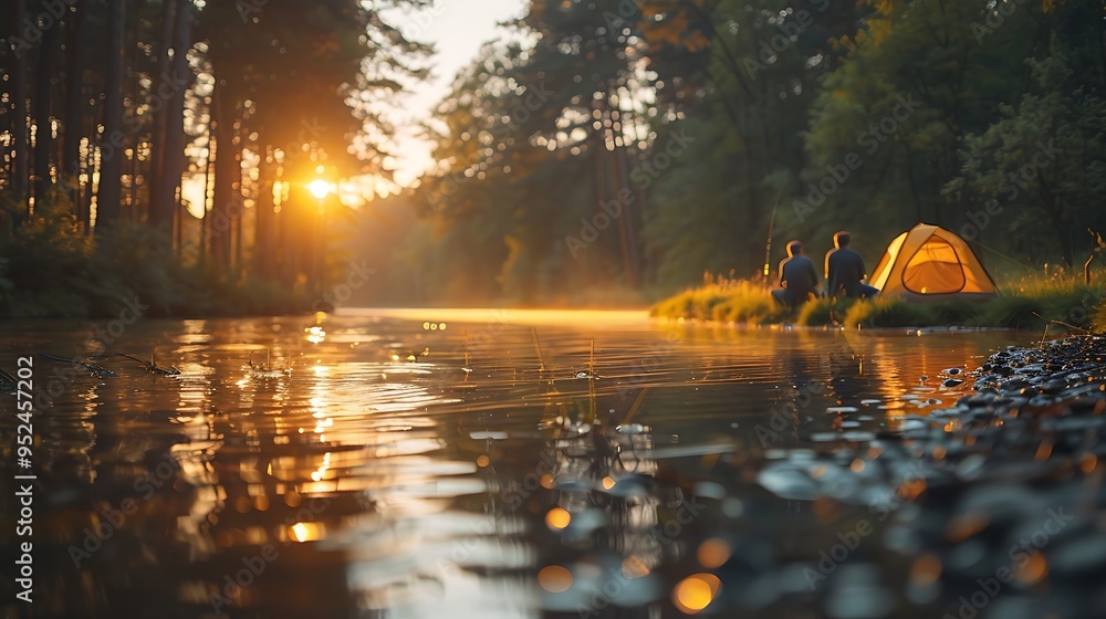 A peaceful morning scene of a couple fishing together on a quiet riverbank, their tent visible in the background, with the calm water reflecting the early morning light, surrounded by tall trees, A peaceful morning scene of a couple fishing together on a quiet riverbank, their tent visible in the background, with the calm water reflecting the early morning light, surrounded by tall trees,