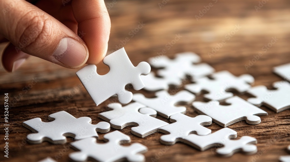 Hand Placing White Puzzle Piece on Wooden Table. Hand Placing White Puzzle Piece on Wooden Table.