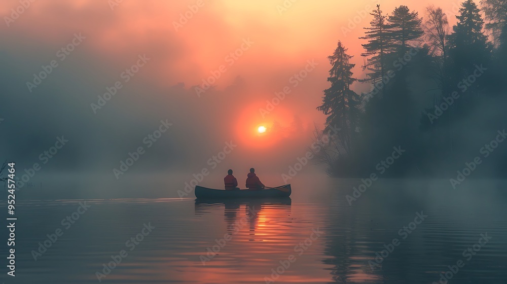 A peaceful morning scene of a couple paddling a canoe across a serene, mist-covered lake at sunrise, the soft light reflecting off the water, surrounded by distant trees shrouded in fog,