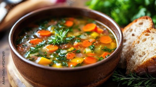 A close-up of a vegetable soup being served, with fresh herbs and whole grain bread on the side