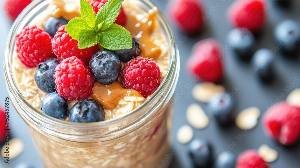 A close-up of overnight oats in a mason jar, topped with fresh berries and almond butter, ready for a nutritious breakfast A close-up of overnight oats in a mason jar, topped with fresh berries and almond butter, ready for a nutritious breakfast