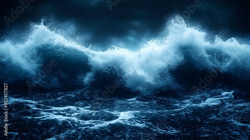 Powerful waves crash against the dark ocean under a stormy sky.