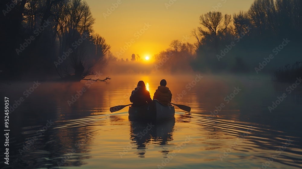 A serene dawn with a couple paddling a canoe on a misty lake, the calm water reflecting the first light of the sun, surrounded by the soft outlines of trees in the distance, A serene dawn with a couple paddling a canoe on a misty lake, the calm water reflecting the first light of the sun, surrounded by the soft outlines of trees in the distance,