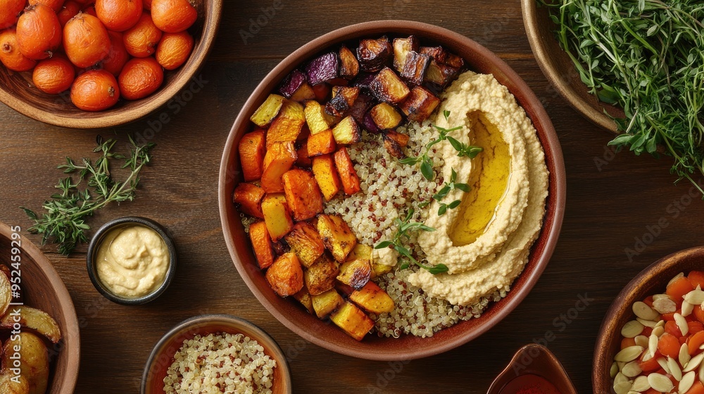 A flat lay of a vegan meal with roasted vegetables, quinoa, and hummus, showcasing plant-based eating A flat lay of a vegan meal with roasted vegetables, quinoa, and hummus, showcasing plant-based eating