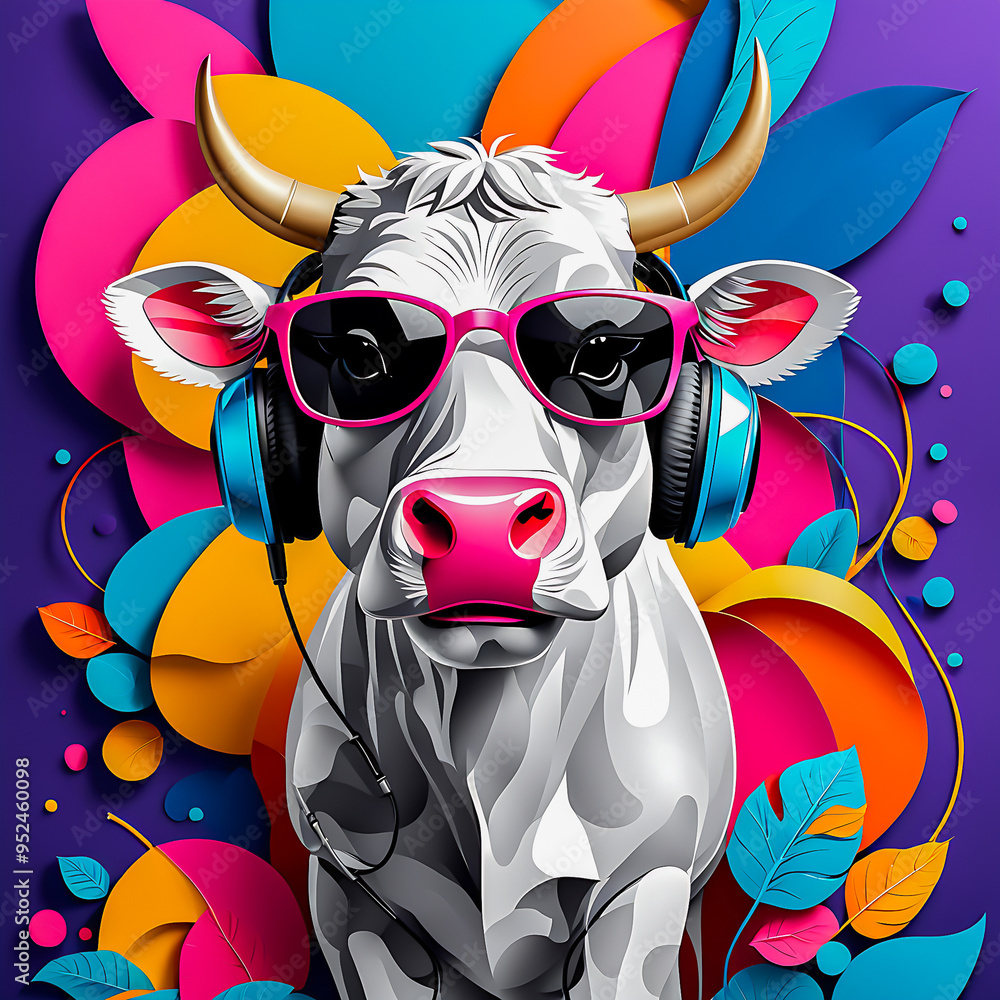 Fototapeta premium Cow with headphones and sunglasses illustration on the abstract background.