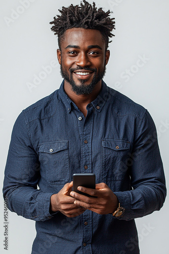 A man with a beard and dreadlocks is holding a cell phone