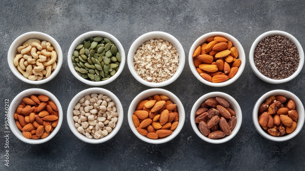A flat lay of various nuts, seeds, and dried fruits in small bowls, representing healthy snack options A flat lay of various nuts, seeds, and dried fruits in small bowls, representing healthy snack options