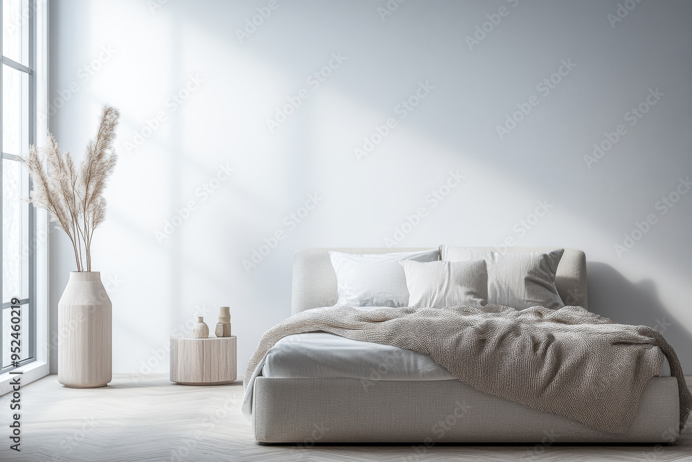 Bedroom interior design composition with an elegant bed, minimalist furniture and natural lighting. Bedroom interior design composition with an elegant bed, minimalist furniture and natural lighting.