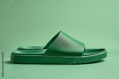 A pair of green sandals with a green sole photo