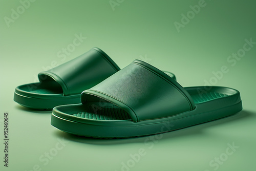 Two green flip flops are shown on a green background