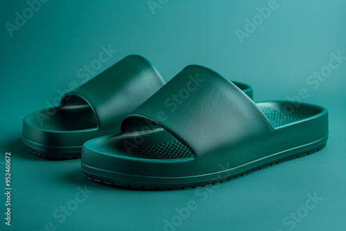 Two green flip flops are shown on a green background