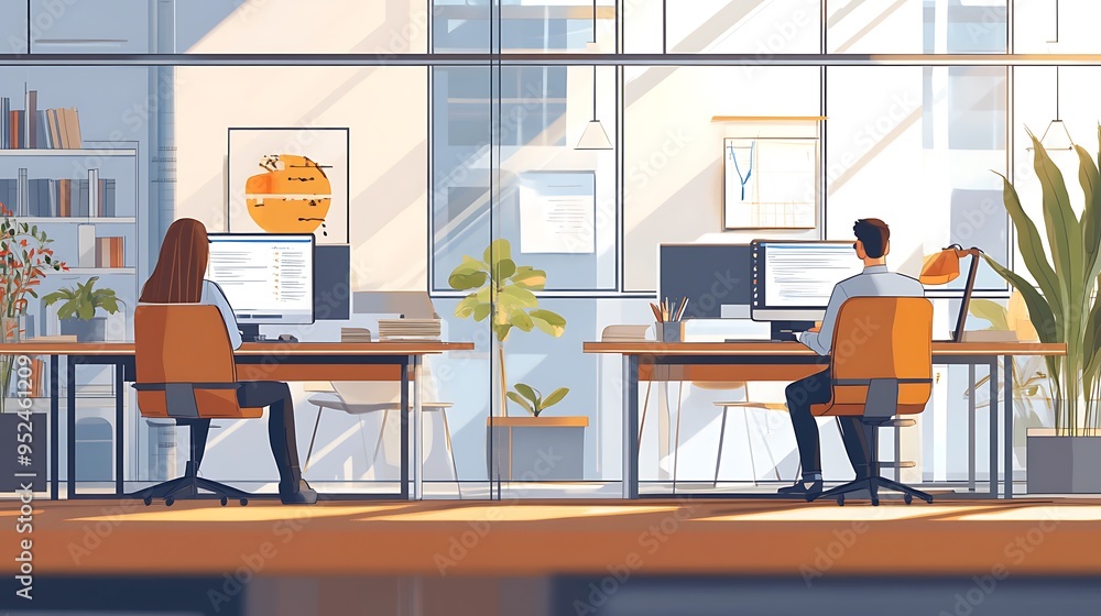Two People Working at Their Desks in a Modern Office Two People Working at Their Desks in a Modern Office