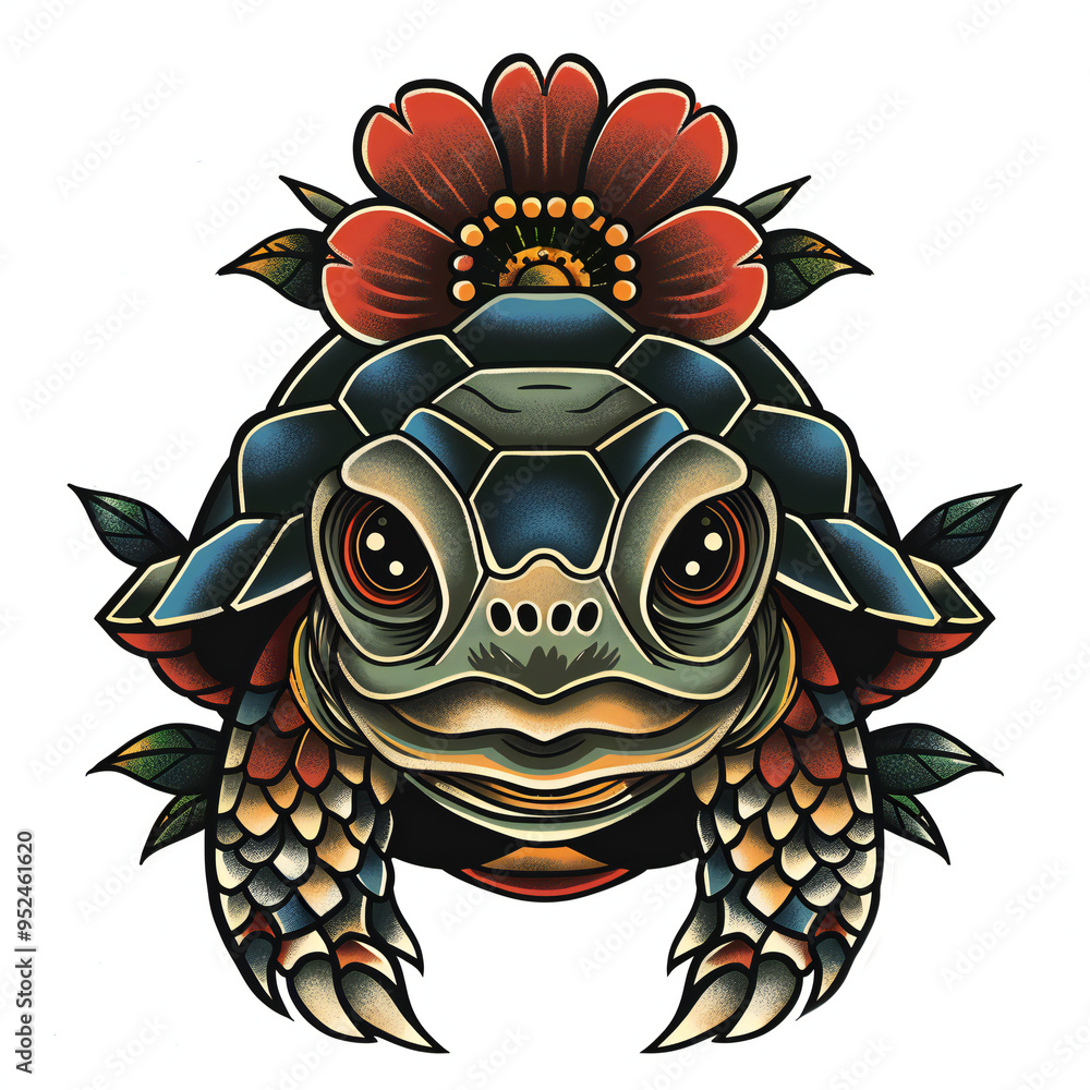 Fototapeta premium Tortoise head flower very simple traditional tattoo flash styles illustration