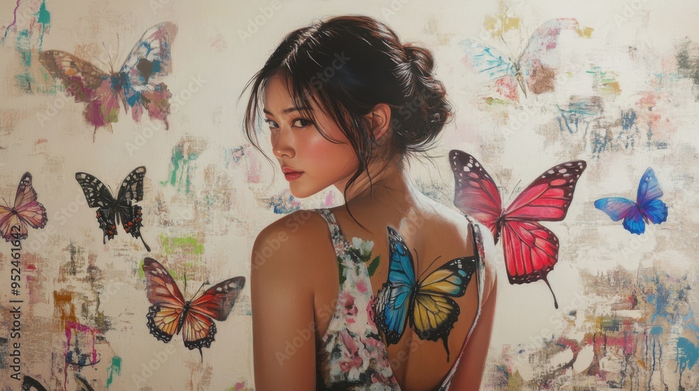 Fototapeta premium Intricately detailed oil painting of a young Asian woman, showcasing a vibrant butterfly tattoo on her back with a graceful pose